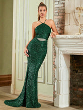 ADYCE Women's Sequined Metal Halter Backless Party Prom Dress With Fish Tail Hem